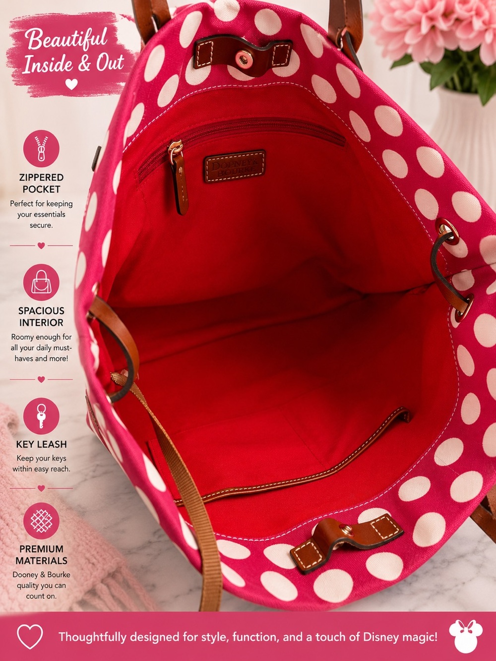 Dooney & Bourke Pink Polka Dot, & Blue Tote with Brown Handles (Rock The Dots) - Picture 5 of 7